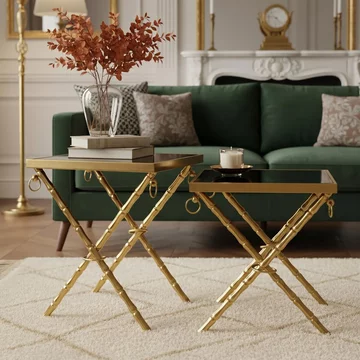 Arezzo nest of 2 tables - square - black glass and gold metal