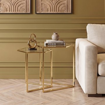 Herber nest of 2 tables - hexagon - clear glass with gold metal