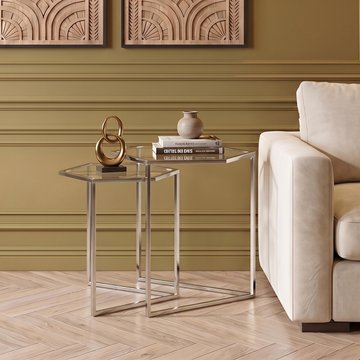 Herber nest of 2 tables - hexagon - clear glass with silver metal