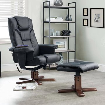 Malmo black faux leather recliner chair - with walnut legs footstool