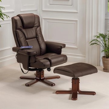 Malmo brown faux leather recliner chair - with walnut legs footstool