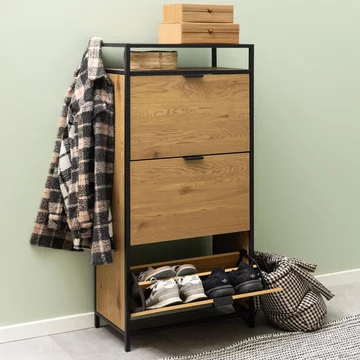 Seaford shoe cabinet - flip down - 3 door - oak and black metal