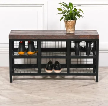 Shoe rack bench - wooden top and black metal
