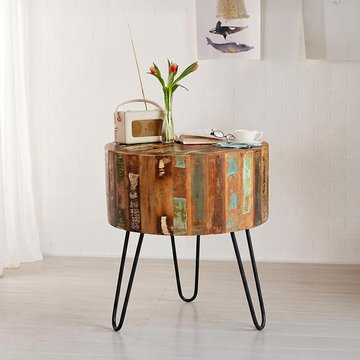 Coastal side table - round - with hairpin legs - reclaimed wood