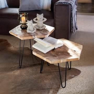 Side table - hexagon - set of 2 - hairpin leg - natural - teak wood and metal