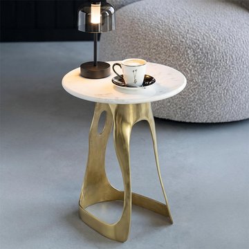 Side table - round - large - white and gold - marble and aluminium