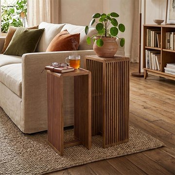 Cubic side table - 2 tier - slatted - tall - natural - recycle teak wood