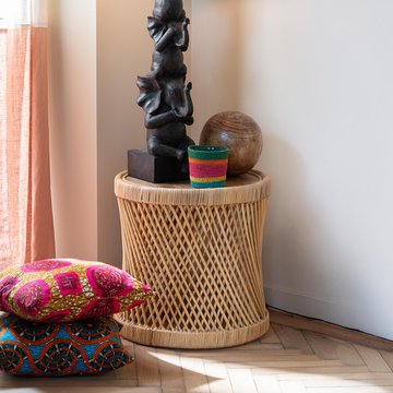 Cylindrical side table - round - natural - rattan and bamboo wood