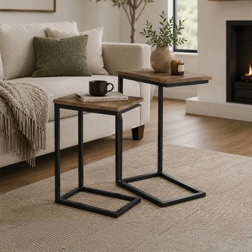 Side table - 2 tier - natural and black - wood and metal