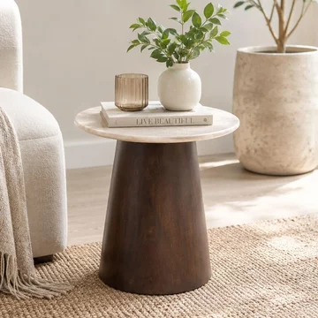 Brix bottecino side table - round - chestnut - ceramic and mango wood