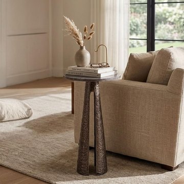 Eldora end table - round - cone base - large - bronze - travertine and metal