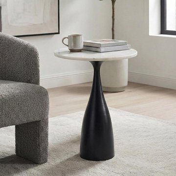Hazel lamp table - round - column base - white and black - marble effect and metal