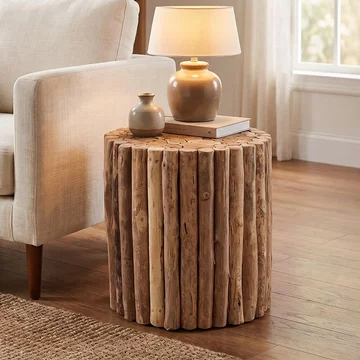 Unique one of a kind - side table - round - rustic natural - teak wood