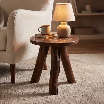 Unique one of a kind - side table - round - small - rustic brown - bone inlay and wood