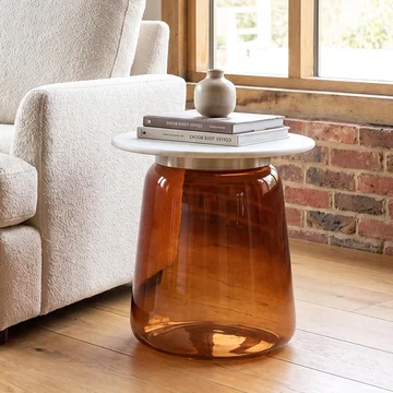 Maia side table - round - white marble top - amber glass