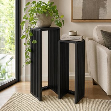 Cubic side table - 2 tier - slatted - black - tall - recycle teak wood