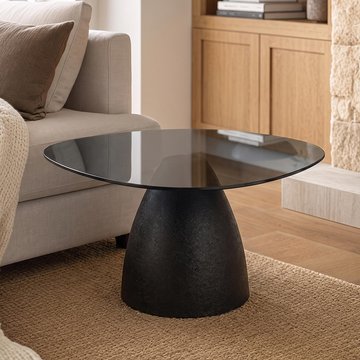 Side table - abstract - sculptural pedestal base - smoked and black - glass top