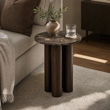 Side table - round - brown - sculptural base - marble and wooden