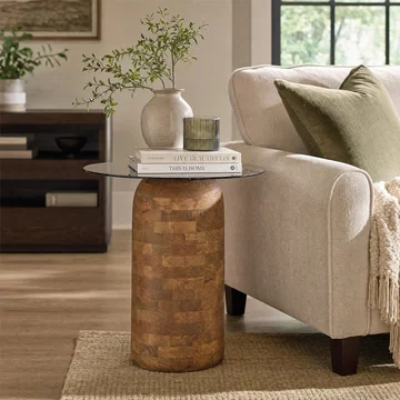 Side table - tall - round - cylinder base - smoked and natural - glass and mango wood