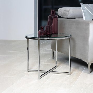 Cross side table - round - clear glass and chrome