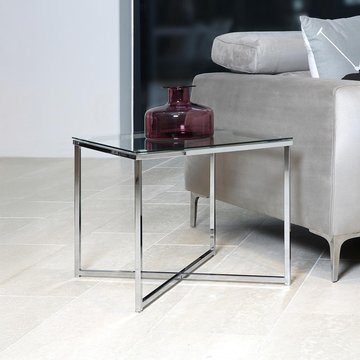 Cross side table - square - clear glass and chrome