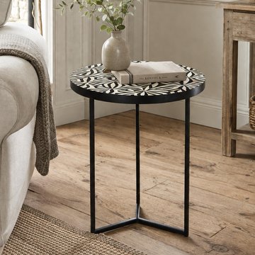 Delhi side table - round - geometric - black - bone inlay and metal