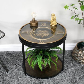Side table - black glass - clock with cogs - round - metal