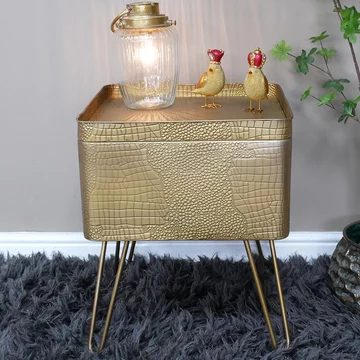 Side table - gold metal - storage - hairpin legs