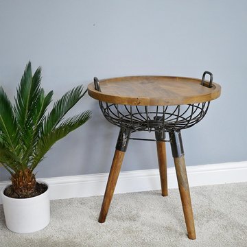 Side table - wood and metal - round - basket style
