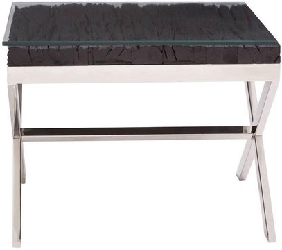 Kerala end table - square - black glass with silver cross base