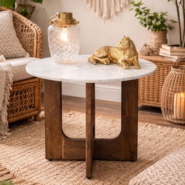 Side table - round - rubber wood and marble