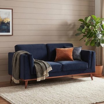 Mickey sofa - 3 seater - midnight blue velvet and walnut - fabric and wood