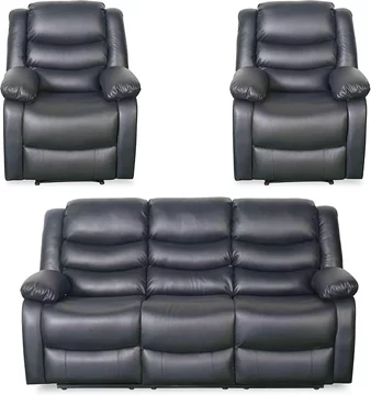 Conrad manual recliner sofa set - black leather - 3+1+1 seater