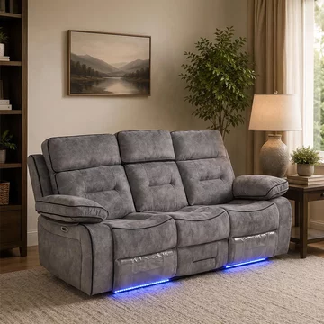 Foster recliner sofa - 3 seater - grey fabric - led lights - drop-down table & cup holders
