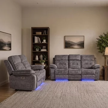 Foster recliner sofa set - 3+2 seater - grey fabric - led lights - drop-down table & cup holders