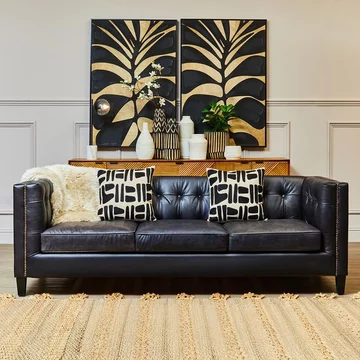 King sofa - 3 seater - antique ebony leather with tufted back