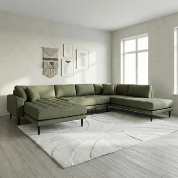 Lido u-sofa - open end - olive green - fabric - black legs - lhf