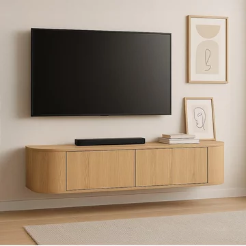 Novero curved floating tv unit - 2 door - 140cm - medium - wall mounted - natural oak
