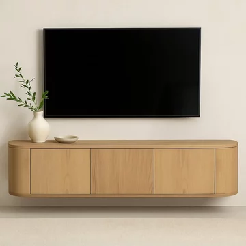 Novero curved floating tv unit - 3 door - 180cm - medium - wall mounted - natural oak