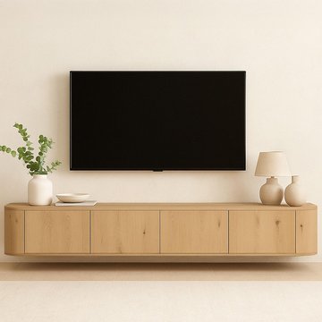 Novero curved floating tv unit - 4 door - 220cm - large - wall mounted - natural oak