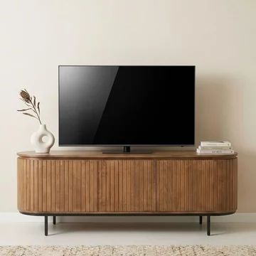Noor curved fluted tv unit - 3 door - 170cm - medium - natural - mango wood