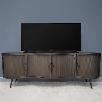 Industrial curved ribbed tv cabinet - 4 door - 150cm - medium - grey - metal