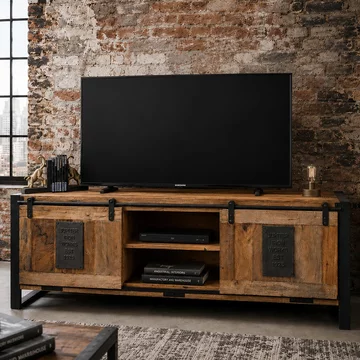 Jupiter industrial tv cabinet - 2 sliding door - 160cm - medium - mango wood and metal