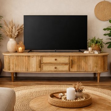 Curved fluted tv cabinet - 2 door - 180cm - medium - mango wood