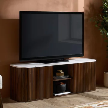 Russo curved tv cabinet - fluted base - 2 door - 140cm - medium - white and walnut - marble top and wooden