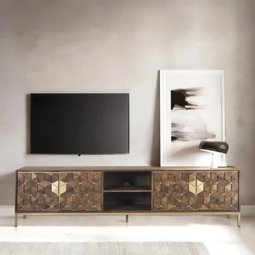 Caltan large tv unit - 4 door - walnut mango wood and gold - geometric