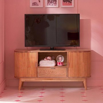 Curved fluted tv unit - 2 door - 1 drawer - 120cm - medium - natural pine wood
