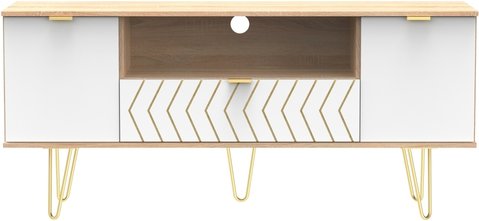 Jigsaw tv unit - 65cm - with gold hairpin legs - white and oak