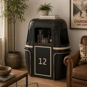 Cable car bar cabinet - 1 door - black and white - mango wood and metal