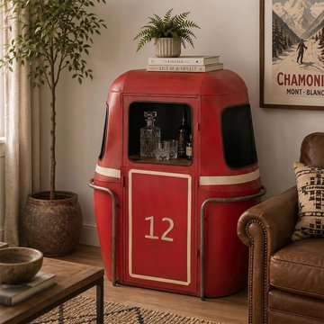 Cable car bar cabinet - 1 door - red and white - mango wood and metal
